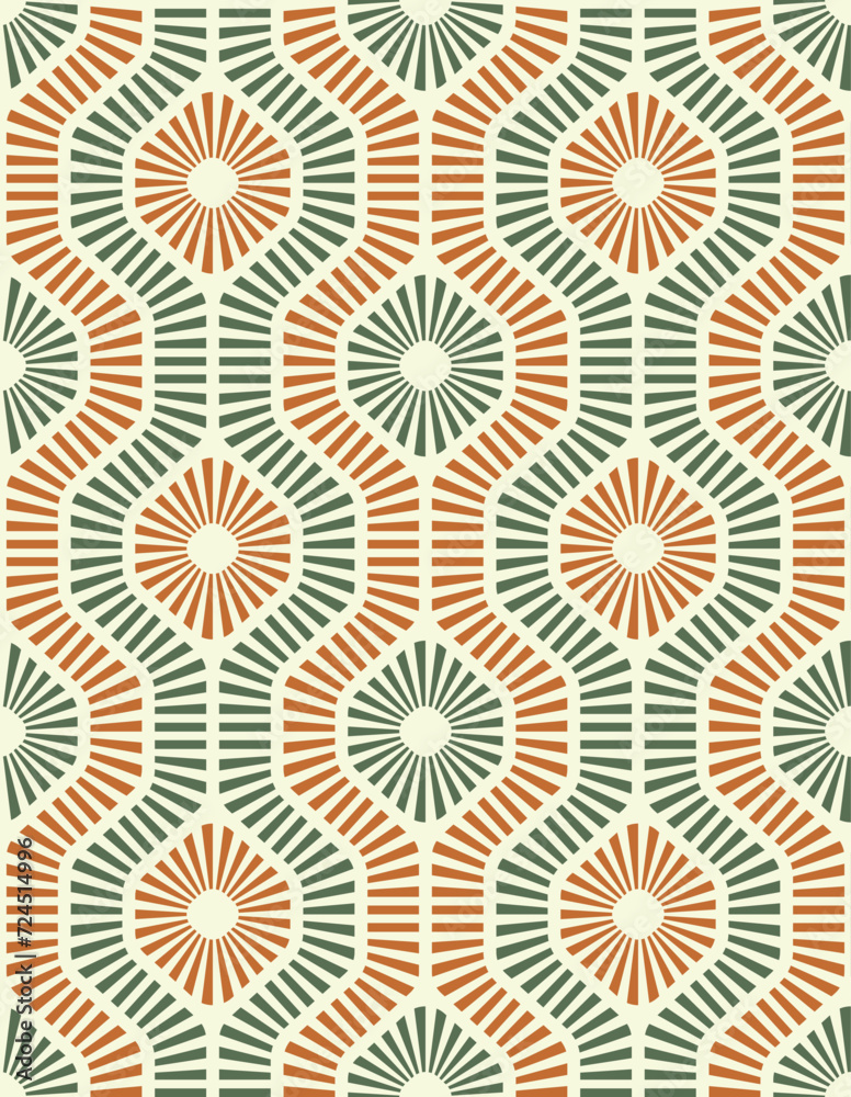 Seamless repeating pattern with a geometric motif of green and orange striped lines on a white background. Hexagon shape elements. Abstract design in retro style. Seamless repeating pattern with a geometric motif of green and orange striped lines on a white background. Hexagon shape elements. Abstract design in retro style.