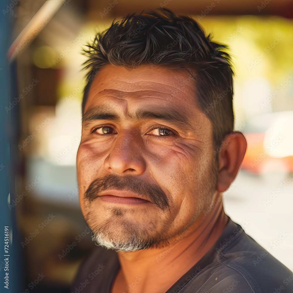 Obraz premium Natural portrait shot of relaxed man, mobile coffee shop owner, outside, shot with analog camera, morning, sunny, bright, clear sky