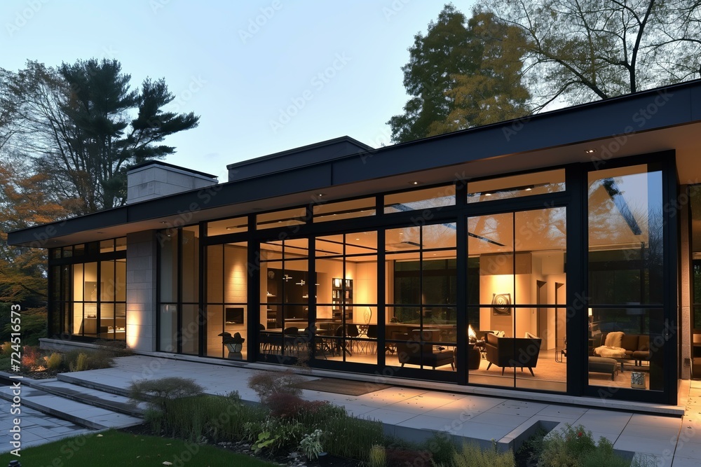 Fototapeta premium modern home fasade with french black alluminum doors, big windows, minimalist