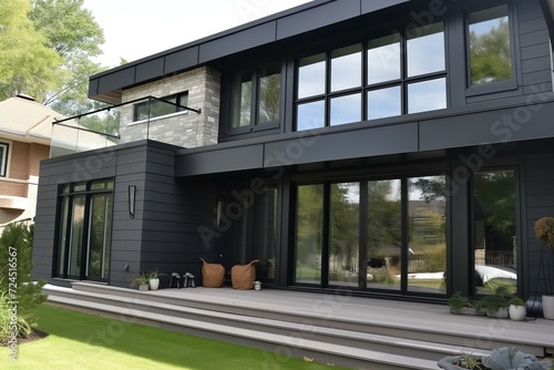 modern home fasade with french black alluminum doors, big windows, minimalist