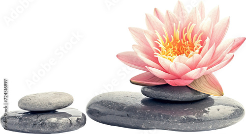 Tranquil spa stones complement lotus blooms, isolated on transparent background. PNG