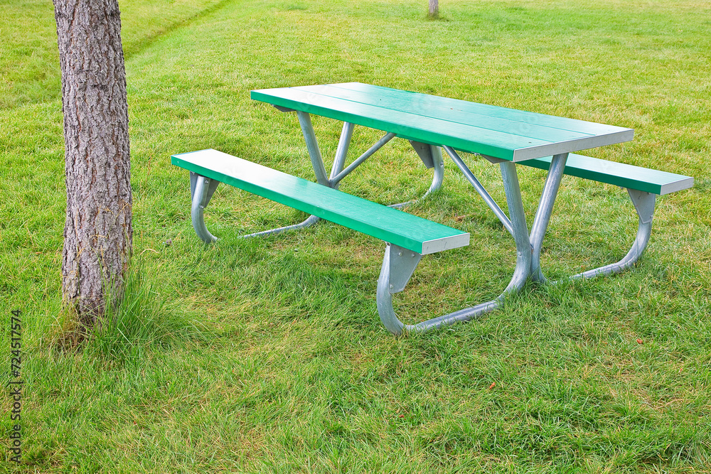 New empty picnic table in galvanized metal tubing and green plastic shelves on a green meadow in a public park