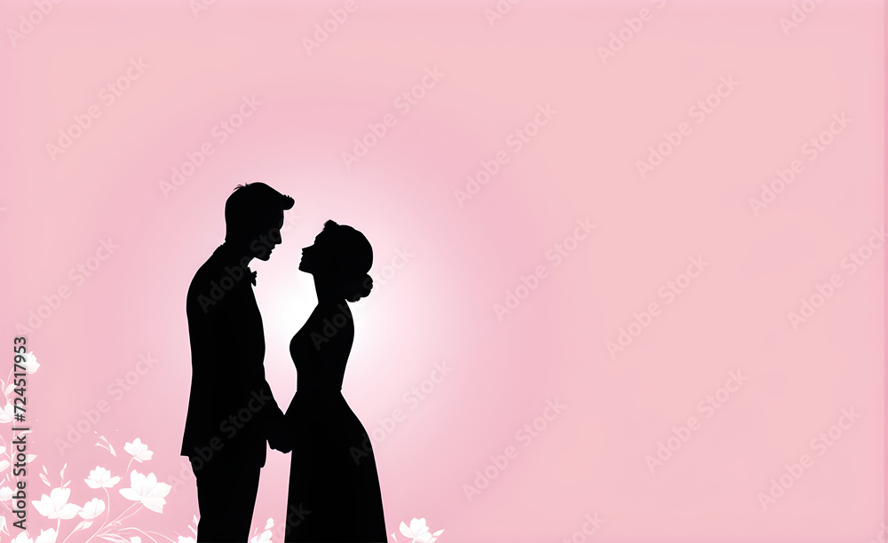 Couple silhouette. Soft pink background with copy space. Generative AI