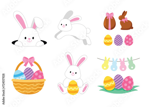 Easter bunny. Modern egg, bunnies for kids. Rabbit or hare, spring festive animal. Cute cartoon holiday vector illustration. Character design. Design elements.