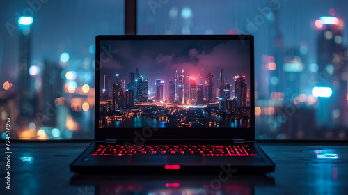 Cropped shot of modern workspace with blank screen laptop, frame, pencils, coffee cup and vase on white table with white wall background © Mujahid