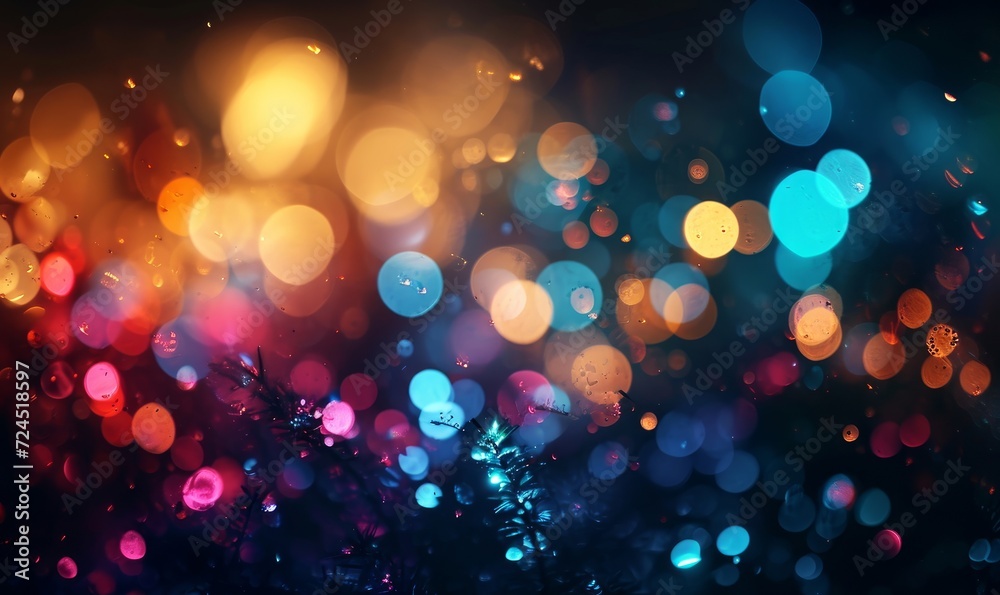 Multicolor bokeh, raining light, blurry lights, blurry background, rainbow confettis on a black background, colorful, night lights, city lights, haze, Generative AI 