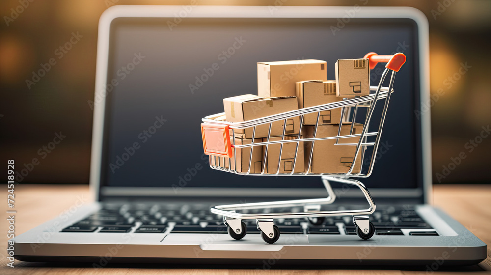Shopping cart on laptop keyboard. Ecommerce business concept