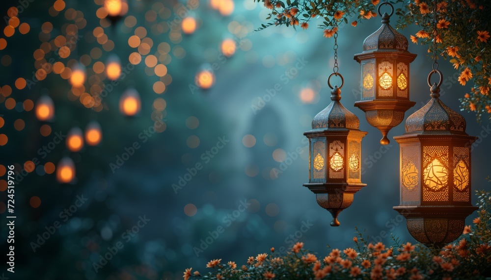 lanterns hanging from a tree with lights in the blur background lanterns hanging from a tree with lights in the blur background