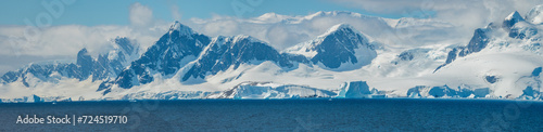 Wide parorama of the mountain range of the Antarctic peninsula, Paradise Bay, Gerlach Straight, Antarctic mainland. photo