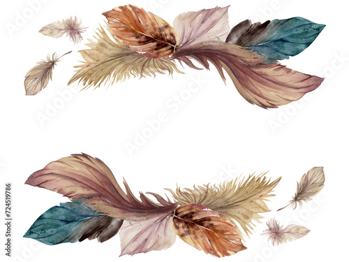 Hand drawn watercolor bird feather plume quill boho tribal ethnic indian brown. Horizontal frame isolated on white background. Design charm, amulet, dreamcatcher, scrapbooking, handmade craft, tattoo