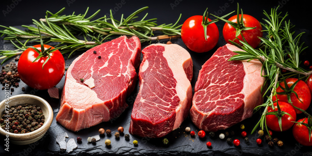 Variety of fresh raw steaks beautifully arranged with tomatoes, peppercorns, and rosemary on a dark slate background