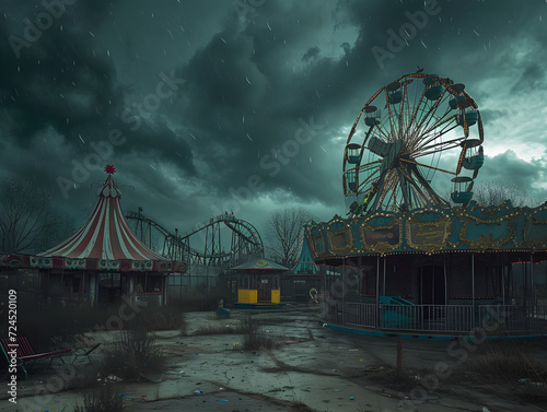 Deserted Amusement Park with Ferris Wheel and Roller Coaster Under Threatening Stormy Sky – Concept of Abandonment, Loneliness, and Impending Doom