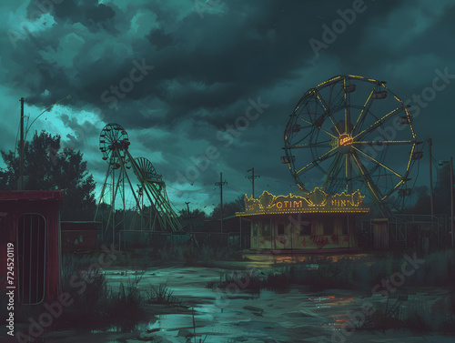 Harrowing Night at Deserted Amusement Park: Overgrown Wilderness & Rusting Rides Reflecting in Water Puddles Under Neon Glow – Concept of Lost Childhood & Urban Decay © Marcos