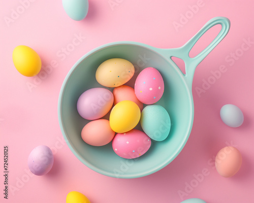 Colorful Easter eggs in a bowl on a light pink background. Pastel colors. Falt lay.  Minimal Easter background photo