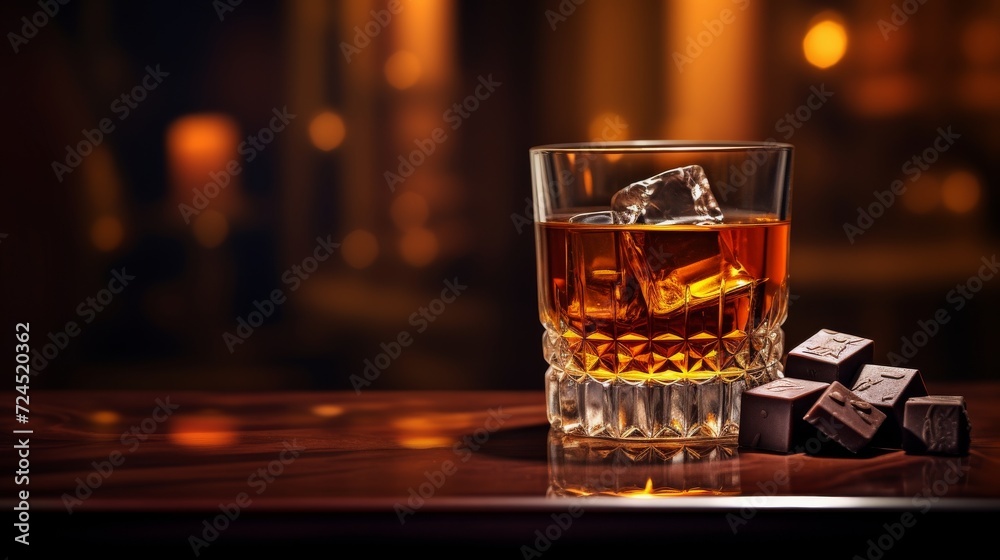 A background with whiskey and chocolate at the bar A background with whiskey and chocolate at the bar
