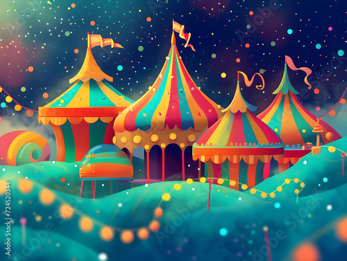 Enchanting Circus Wonderland Under Starlit Sky - Fantasy Illustration with Traditional Tents, Festive Colors, and Whimsical Ambiance - Concept of Magic, Dreams, and Entertainment