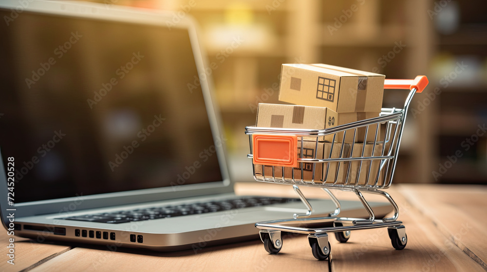 Shopping cart on laptop keyboard. Ecommerce business concept