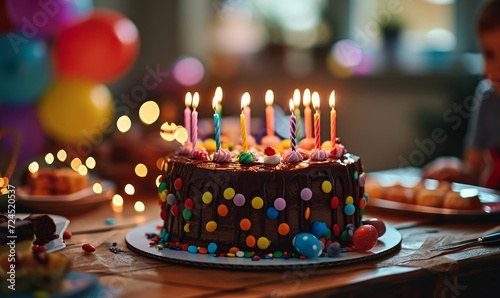 chocolate birthday cake with candles, birthday party for children, children having fun, colorful cake, rainbow, multicolored baloons and sparkles, chocolate, sugar and candies, candles, Generative AI