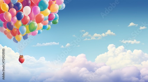 Balloons in the blue sky with clouds. Celebration background. Party theme.