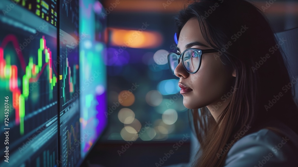 Business woman look many monitor, technical monitoring graph with many monitor Business woman look many monitor, technical monitoring graph with many monitor
