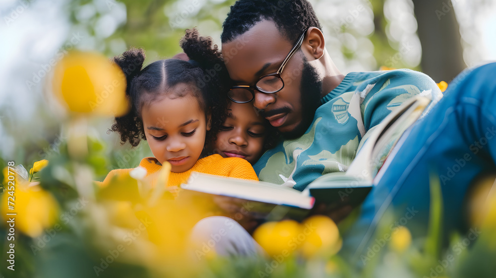 Family on a picnic in the park reading interesting fairy tales with their children Family on a picnic in the park reading interesting fairy tales with their children