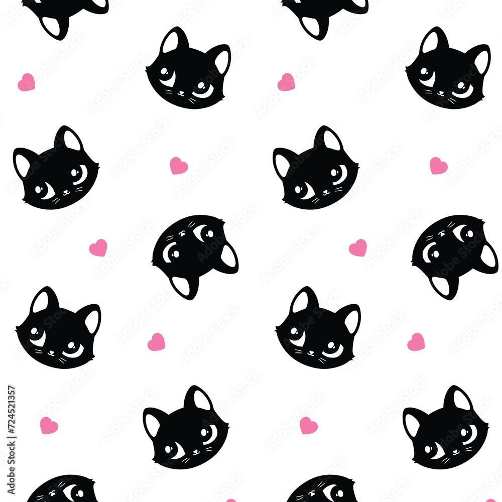 Pattern of cute cat. Pink, black, white cutie cat portrait in pastel colors. Sticker, wall art, background, kids room decoration. Cat cute face, portrait, kitten, pretty animal, little pussycat, pet.