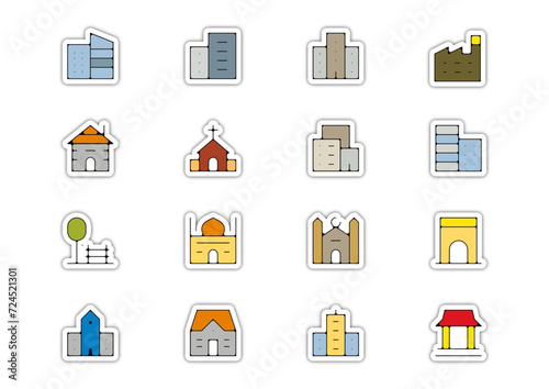 Planche icone batiment edifice ville maison immeuble couleur relief