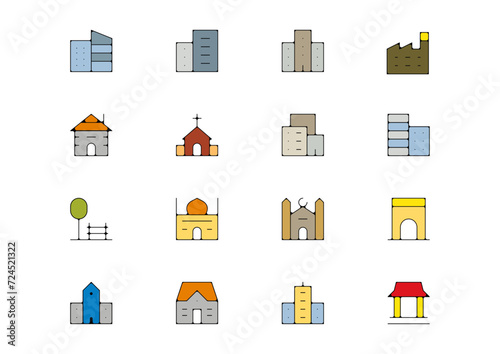 Planche icone batiment edifice ville maison immeuble couleur