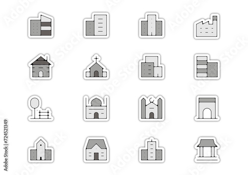 Planche icone batiment edifice ville maison immeuble gris relief