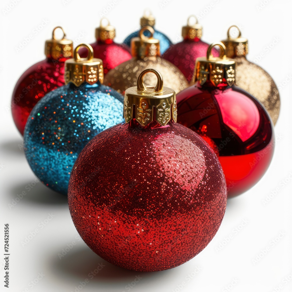 Close Shiny Christmas Toys Balls Glitter On White Background, Illustrations Images