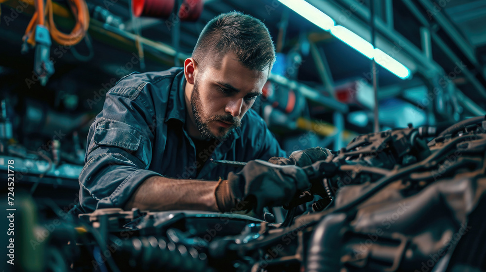 Portrait of mechanic checking parts of automobile Portrait of mechanic checking parts of automobile
