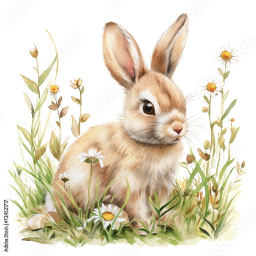 Cute bunny in grass  pastel  flowers  watercolor illustration