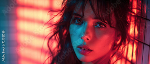 Sunset light falling through the blinds on the face of beautiful girl. sensual young woman in shadow