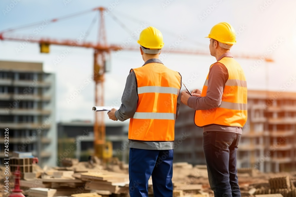 Architects and workers working together on construction site Architects and workers working together on construction site
