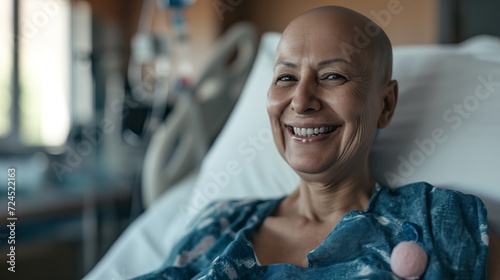 Portrait of happy breast cancer patient woman. Smiling bald woman after chemotherapy in hospital room. World Cancer Day. Recovery from breast cancer