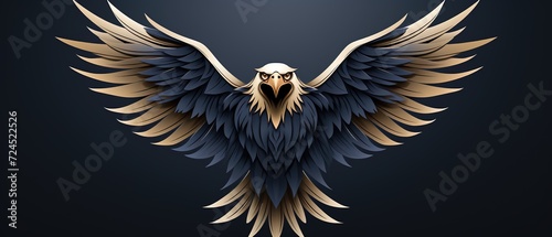 American eagle with spread wings on isolated dark background. Flying bald eagle logo.