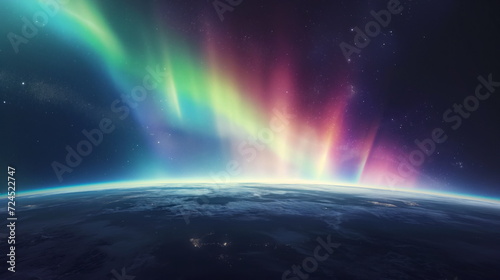 Panorama of orbit, on which the colorful lights of northern lights are visible, creating a magical heavenly sigh