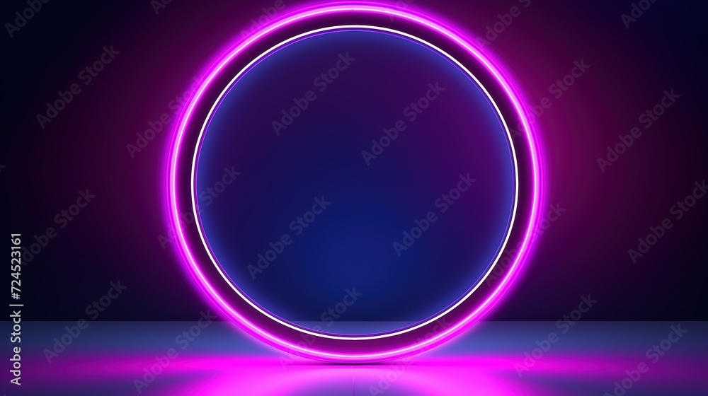 Round neon frame for product presentation. Abstract glowing neon shape. Purple neon circle.