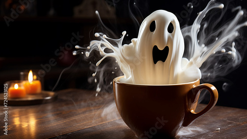 Creative latte screaming foam ghost scammed milk art depicting figure emerging from a coffee cup with a dramatic spill halloween banner photo