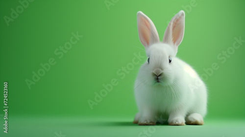 Cute white bunny on a green background. Minimal Easter background. Bunnycore © VesnAI