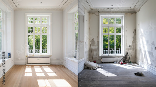 Renovated rooms with spacious windows and heating systems  both before and after the restoration process. Examination of the differences between an old apartment and a newly renovated residence. 