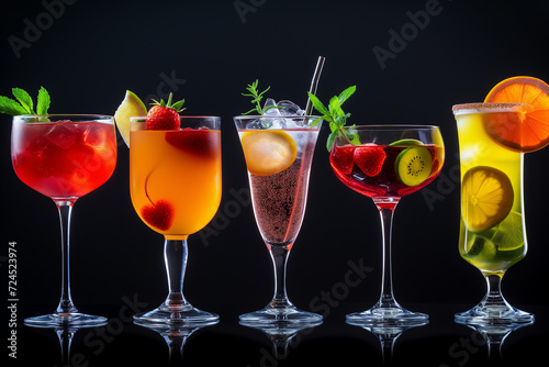 Collection of classic cocktails featuring fresh fruits on a dark backdrop
