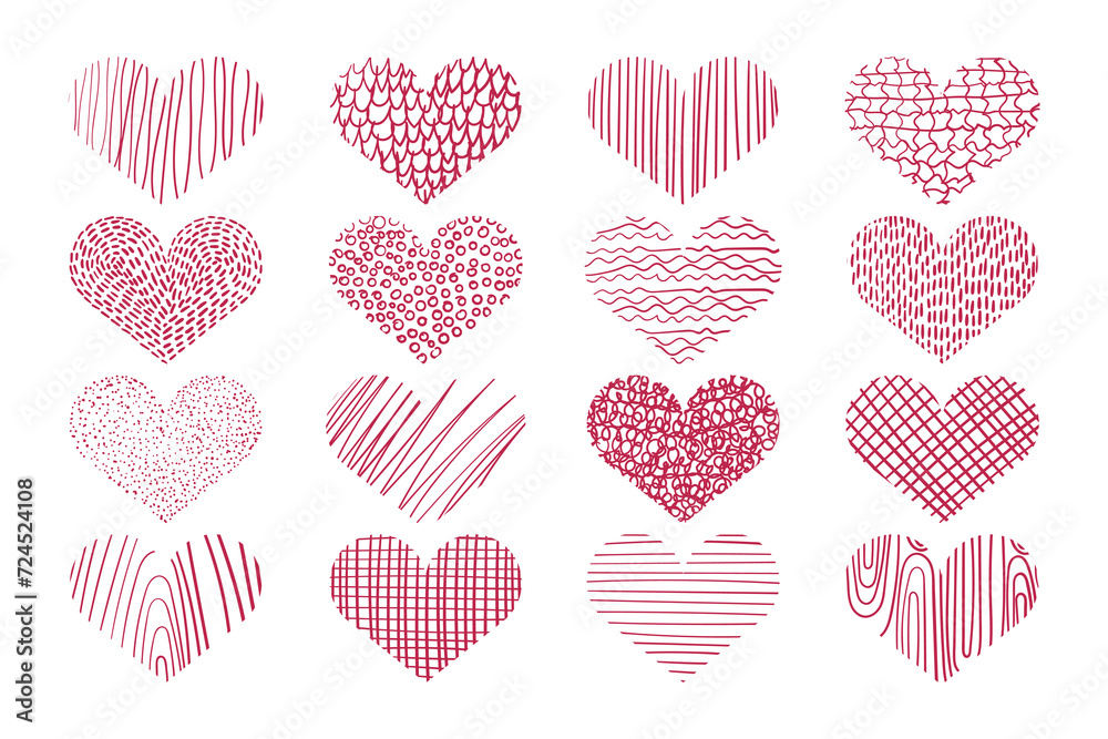 Set of hearts with decorative fill drawn by hand