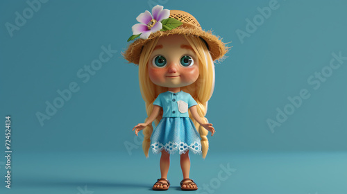 A charming cartoon girl with an infectious smile and rosy cheeks, donning an adorable azure skirt, holds a vibrant flower tenderly - a delightful 3D headshot illustration that exudes pure jo
