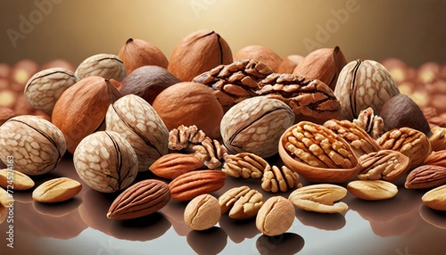 a collection of nuts like almonds walnuts and pecans isolated on a background  photo