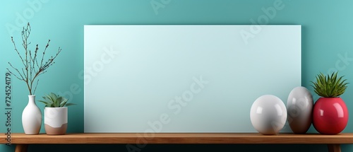 Blank white frame hanging behind a wooden desk in home office. Empty white frame hanging on a wall.