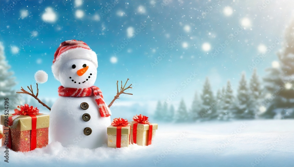 christmas cute snowman with gifts for happy christmas on snow background and new year festival wallpaper x mas greeting and wishes banner
