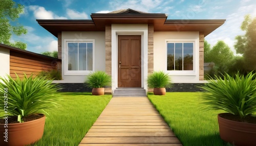 grass in pot and wooden path in front of front door stylish suburban house © Wendy