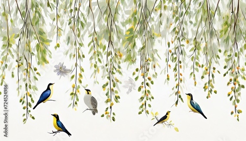 willow branches hanging from above with birds on a white background wallpaper murals and wall paintings for interior printing