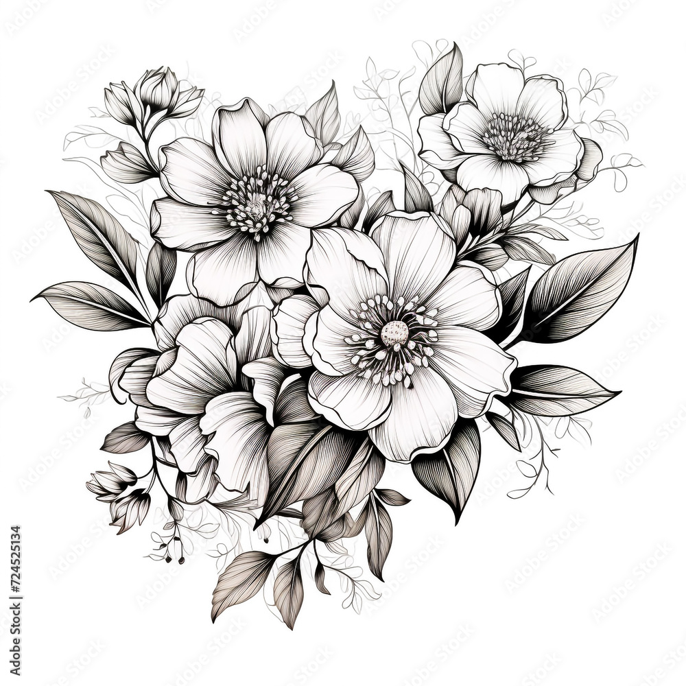 Rose tattoo. Silhouette of roses and leaves on a white background. Linework style. Pattern of roses